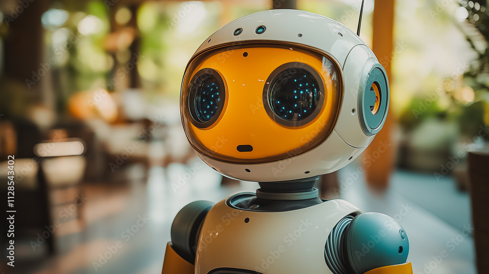 Poster a robot with a yellow face stands in front of a couch. the robot is white and yellow, and it is a to