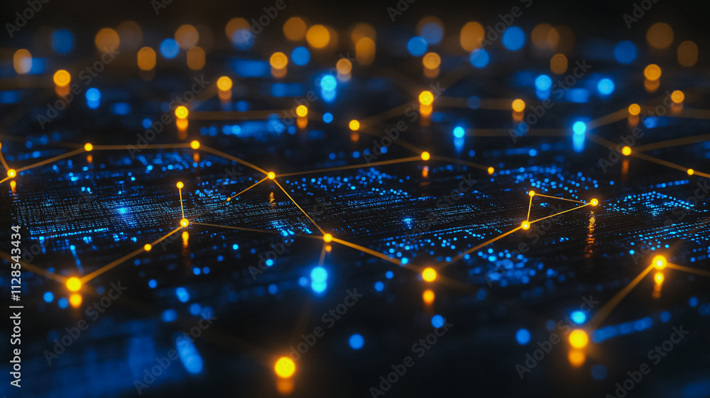 Poster a computer screen with a blue background and yellow dots. the dots are connected to each other in a 