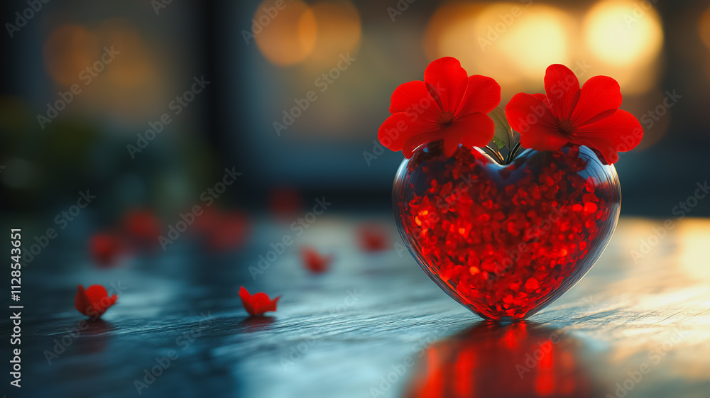 Poster a heart with red flowers on it sits on a table. the flowers are arranged in a way that they look lik