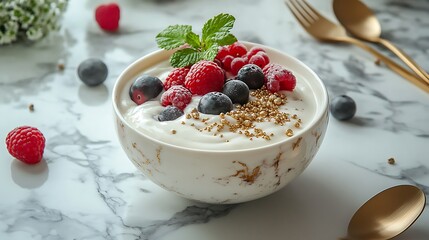 A matcha smoothie bowl styled with luxurious toppings of gold-dusted berries, coconut flakes, and chia seeds, placed on a marble table with high-end utensils, soft natural lighting. --ar 16:9