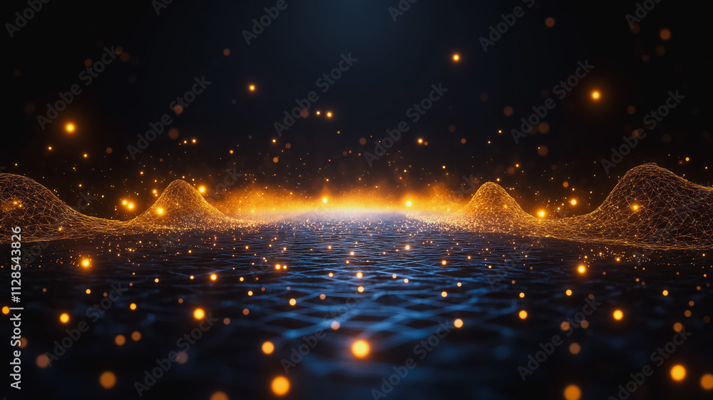 Poster a dark blue background with a bright orange line that is dotted with small yellow dots. the dots are