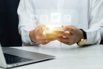 Business ecommerce concept. Man or woman use mobile smart phone with online shopping icons for Internet shopping, online purchase, ecommerce store, online business, shopping on the internet.
