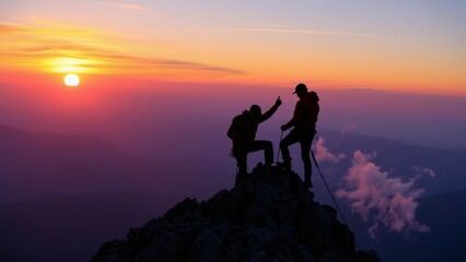 Fototapeta premium Silhouetted Climbers Celebrating at Sunset on Mountain Peak