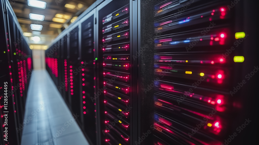 Poster a row of computer servers with red lights on. the servers are in a row and are very close to each ot
