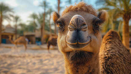 Obraz premium A camel is standing in the desert with its head turned to the side. The camel is smiling and he is happy