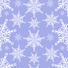 Seamless winter pattern with white snowflakes on blue background. Vector illustration. New Year Christmas decorative template backdrop for holiday design