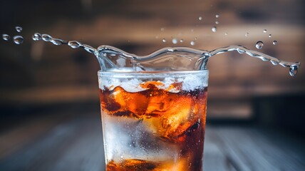 Icy soda with abstract splash and condensation on glass, blurred background