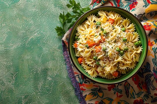 Vibrant farfalle primavera bowl cozy kitchen food photography fresh ingredients aesthetic presentation celebrating pasta culture and flavorful dishes