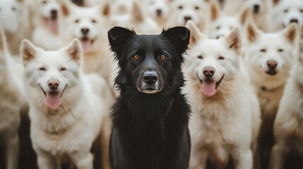 Fototapeta premium A striking black dog stands confidently among a pack of cheerful white dogs, showcasing loyalty and companionship.
