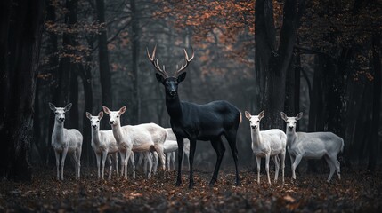A striking black deer stands among elegant white deer in a misty forest, showcasing nature's remarkable diversity.