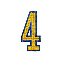 A mosaic number 4 made up of small square tiles in yellow and blue colors.