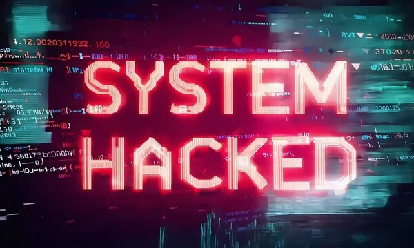 Red "System Hacked" message displays on digital background, glitch style