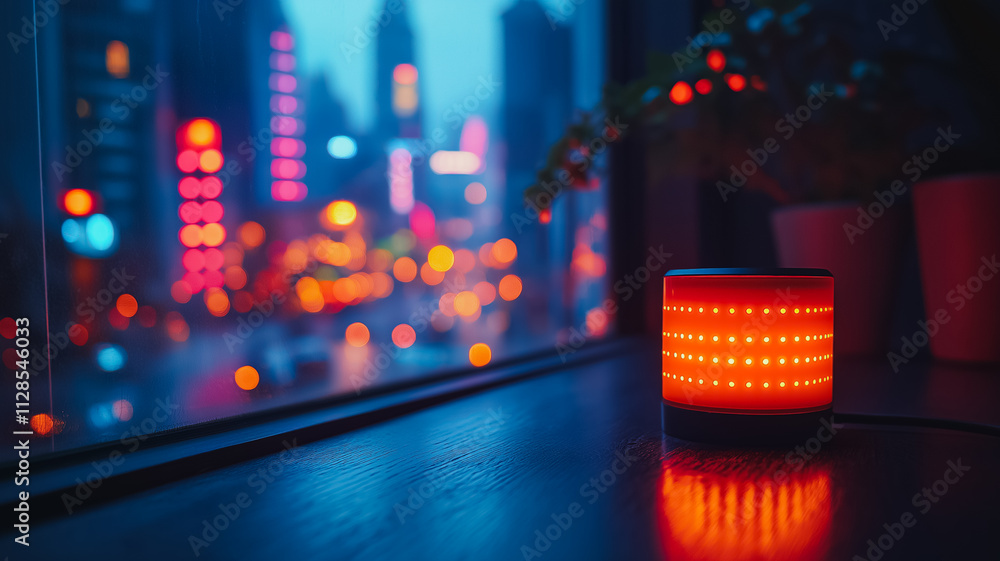 Poster a red lamp sits on a table in front of a window. the lamp is lit up and the room is dimly lit. the c