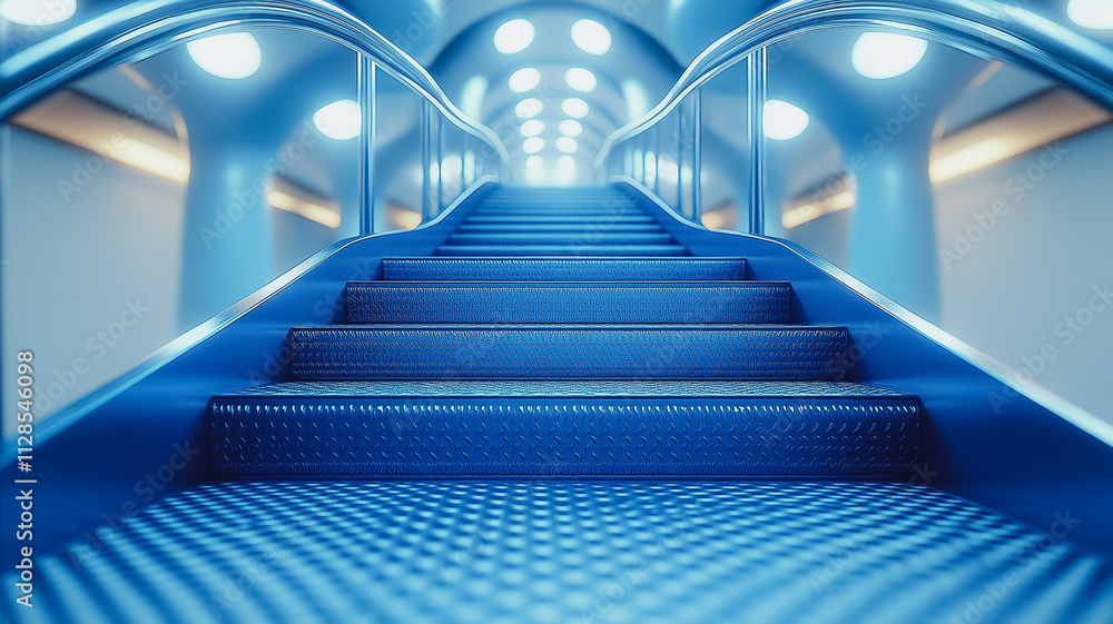 Poster a blue escalator with a staircase in the middle of it. the escalator is empty and the stairs are blu