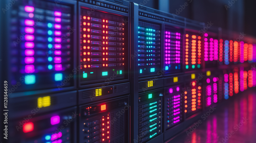 Poster a row of computer servers with neon lights on them. the servers are all different colors and are lin