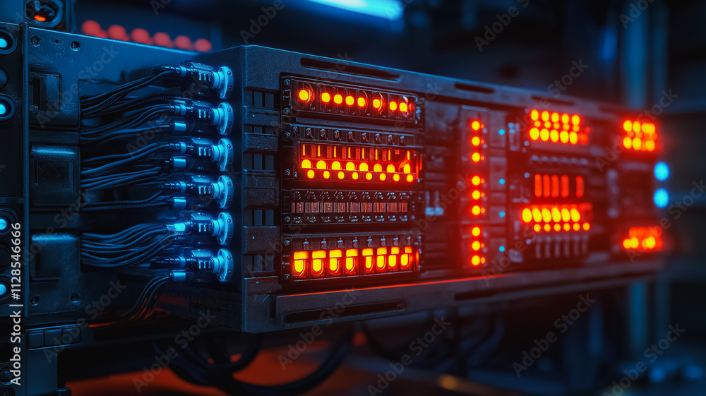 Poster a computer server with many lights on it. the lights are red and blue. the server is very large and 
