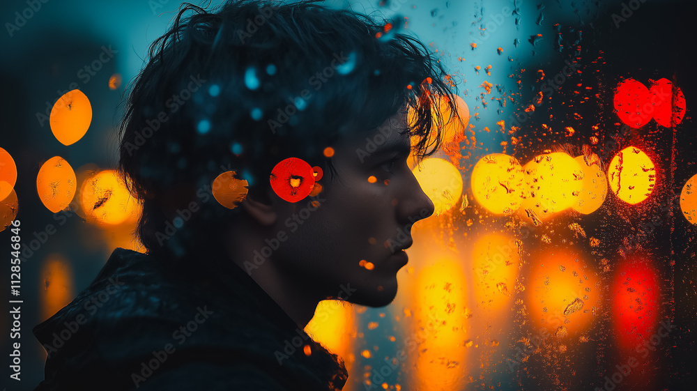 Poster a man is standing in front of a window with raindrops on it. the man is wearing a black jacket and h