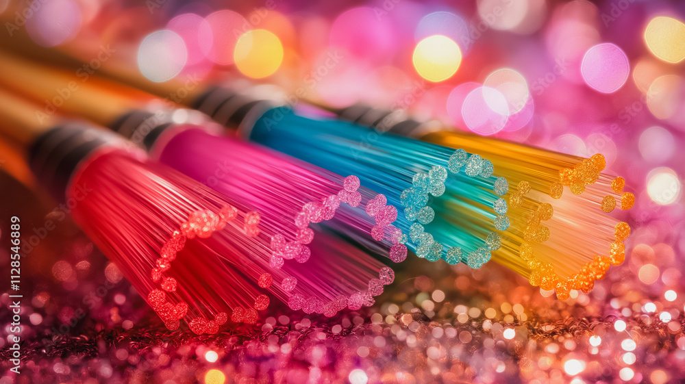 Poster a set of paintbrushes with different colors are arranged on a table. the colors are vibrant and the 