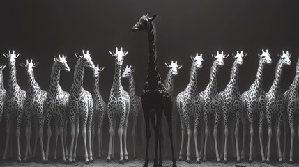 A striking black and white image of a lone giraffe among a group, showcasing uniqueness and beauty in nature.