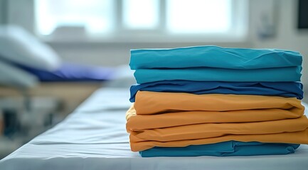  A stack of clean, folded medical scrubs on an ironing board in the background is blurred out, with the focus on the foreground. 