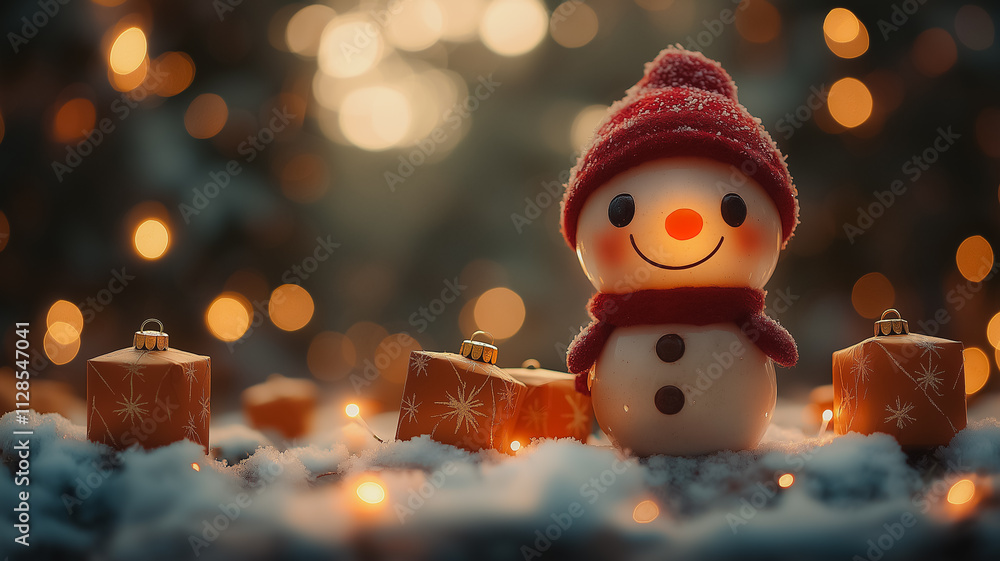 Poster a snowman with a red hat and a carrot nose is standing in front of a christmas tree
