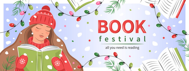 Book festival horizontal banner for bookstore, bookshop or library. Girl reading a book under snowfall. Vector illustration for poster, cover, marketing, sale.