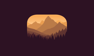 Landscape badge flat vector design illustration of mountains, calm river and silhouettes of pine trees, soft orange gradations layered