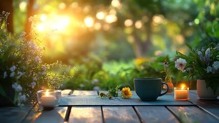 A peaceful outdoor yoga session scene with a cup of green tea on a yoga mat, candles, and flowers, set against a lush green garden background, warm golden hour lighting. --ar 16:9