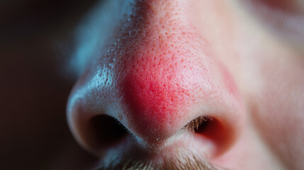 Fototapeta premium Close up of red irritated nose, emphasizing the discomfort and struggle of allergies or cold symptoms, highlighting the human vulnerability and resilience in the face of common ailments.