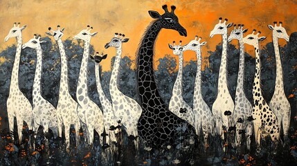 A striking artwork featuring a black giraffe surrounded by white giraffes against an orange backdrop.