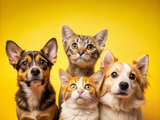 Obraz premium Adorable Dogs and Cats Looking Playfully on a Bright Yellow Background Perfect for a Website Banner or Social Media Header, Ideal for Pet Lovers and Animal Enthusiasts