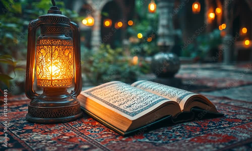 Poster a serene scene featuring a lantern beside an open book with arabic text in a tranquil setting.