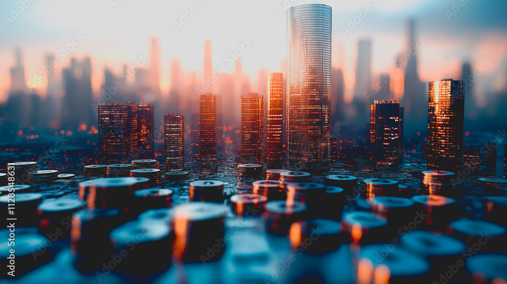 Poster a cityscape with a large building in the middle and many coins scattered around it. the coins are of