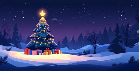 Fototapeta premium Magical Christmas Night Illustration with Glowing Tree, Gifts, and Snowfall in Dark Forest or Village