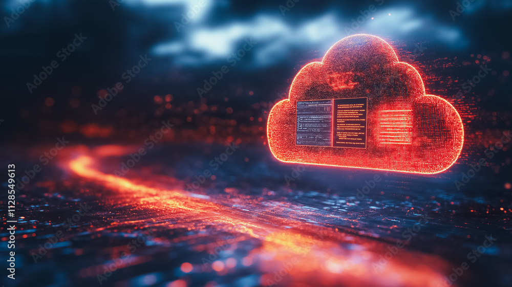 Poster a red cloud with a computer screen on it. the cloud is surrounded by a glowing trail of fire