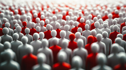 Fototapeta premium A crowd of people are shown in a red and white color scheme. The people are all different sizes and are scattered throughout the image. Concept of chaos and disorder