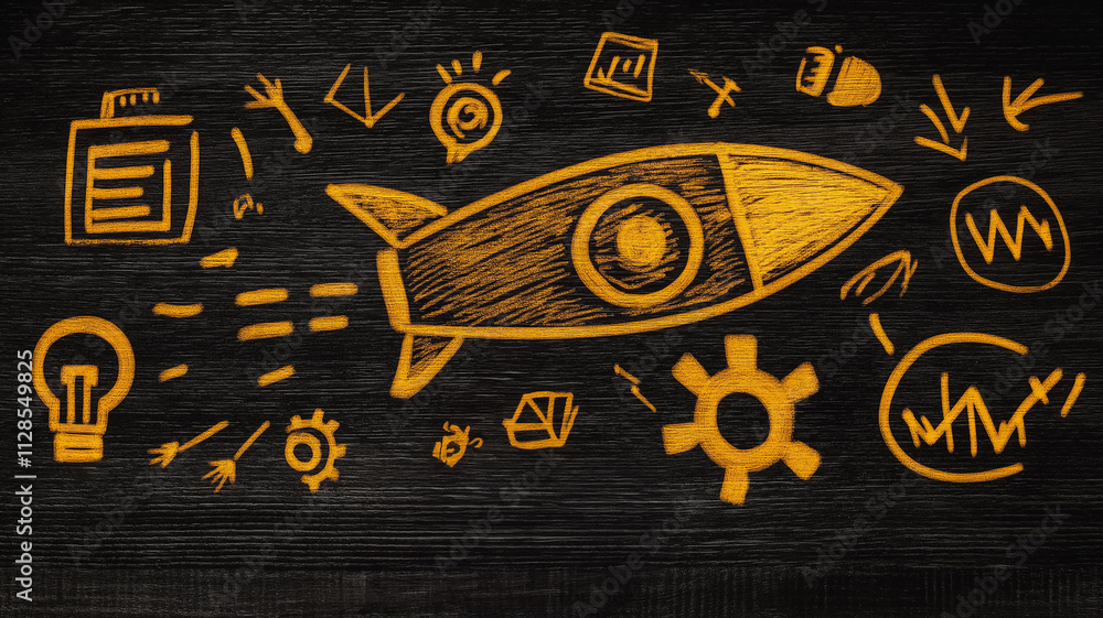 Poster a drawing of a rocket on a black background with various symbols and drawings surrounding it. the id