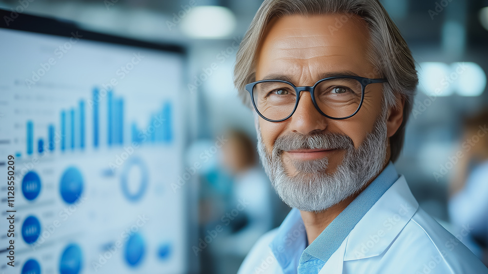 Poster a man in a white lab coat is smiling at a computer monitor displaying graphs. the man is a scientist