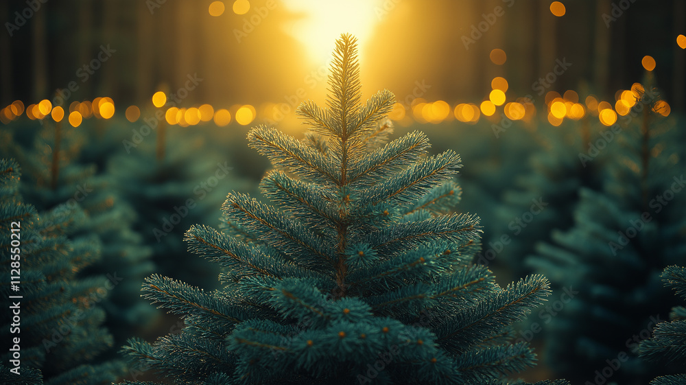 Poster a tree with a bright green color and a small light shining on it. the tree is surrounded by other tr