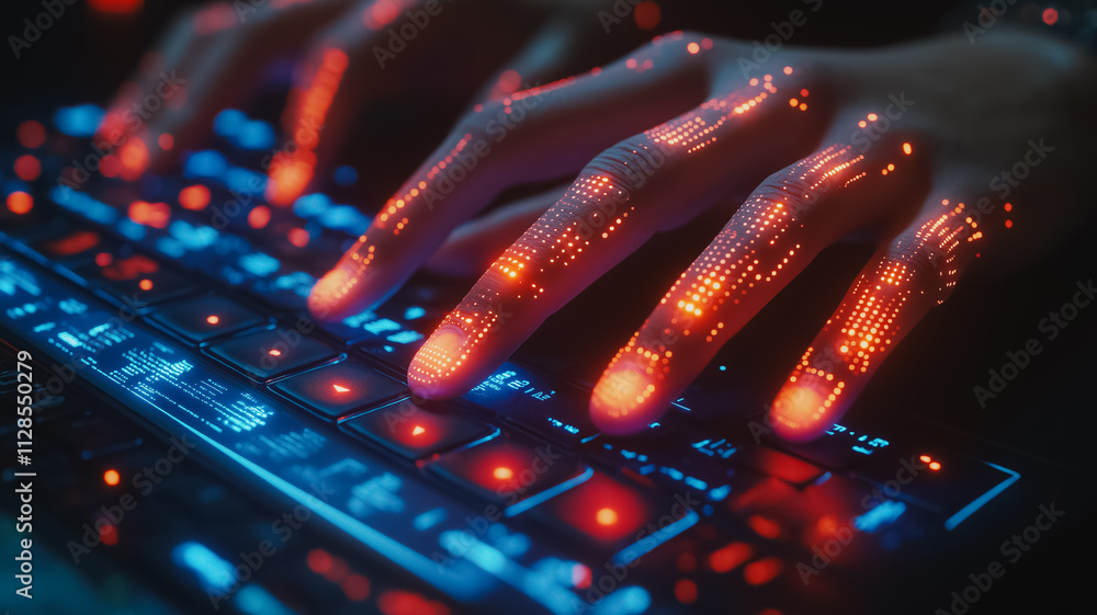 Aufkleber a keyboard with a hand on it that is glowing red