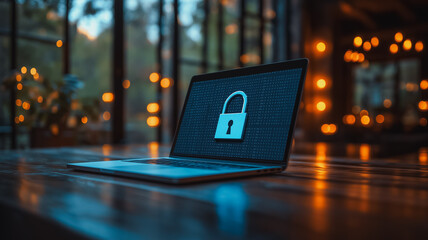 A laptop screen shows a lock icon on the screen. Concept of security and protection, as the lock symbolizes the safeguarding of information or data. The laptop is placed on a wooden table