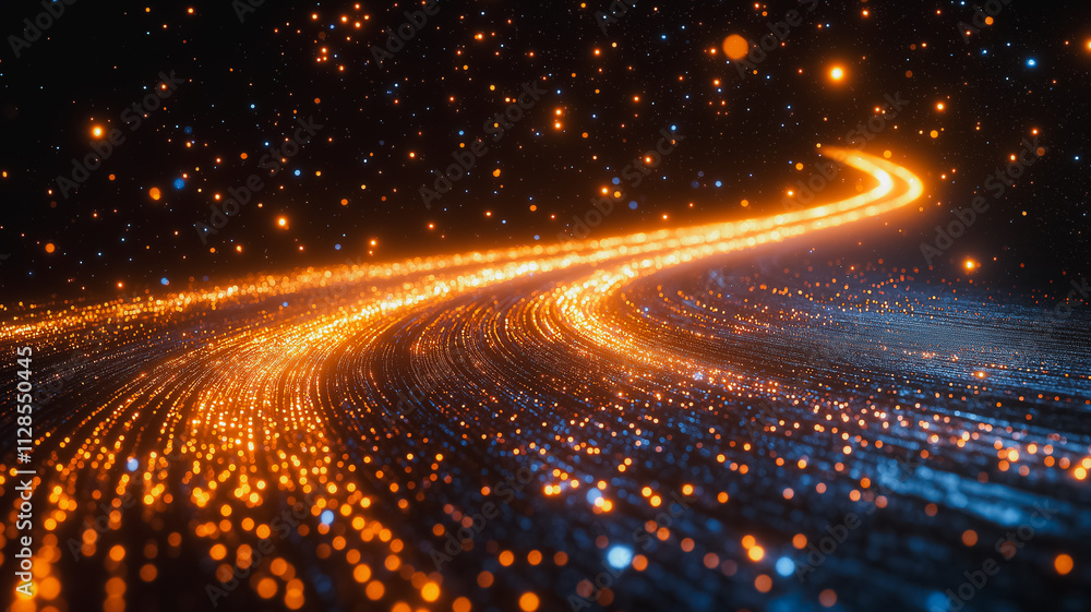 Poster a bright orange line of light is shown in the sky. the light is scattered and he is coming from a di