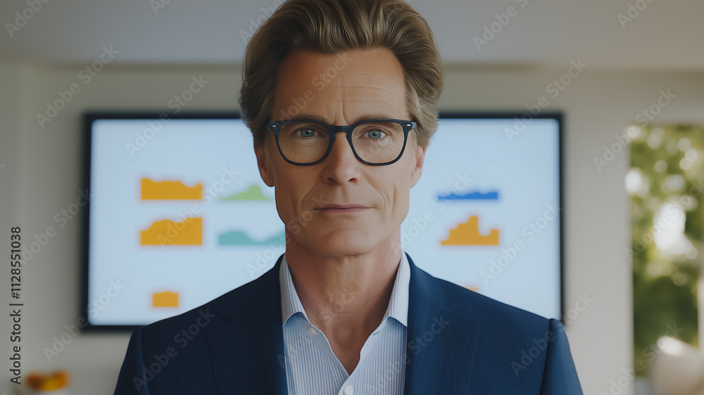 Poster a man in a suit and glasses is standing in front of a large monitor with a lot of graphs on it