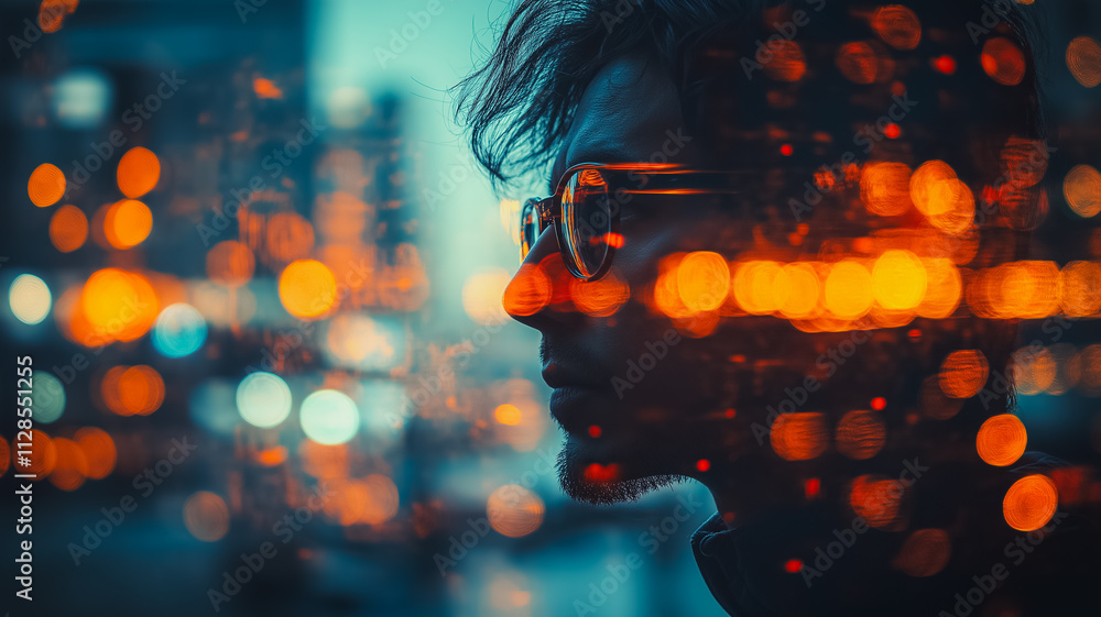 Poster a man with glasses is looking at the camera in a blurry, distorted way. the image has a dreamy, surr