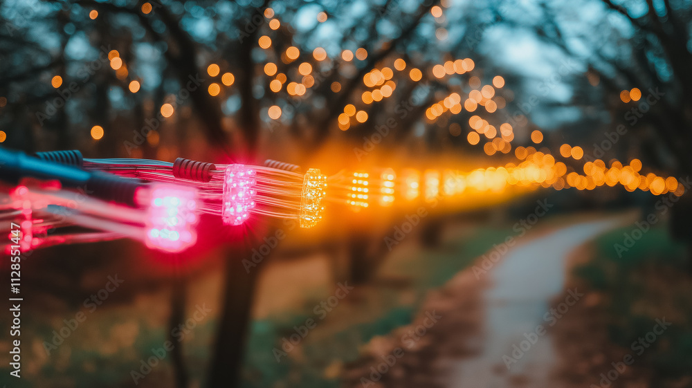 Poster a long string of lights is hanging from a tree. the lights are bright and colorful, creating a festi