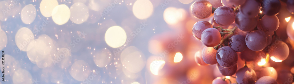 Poster dreamy composition of grape clusters surrounded by soft bokeh lights, creating serene and enchanting
