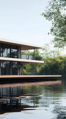 Fototapeta premium Modern cabin on the water, floating dock with sun deck and seating area, wood slat wall facade