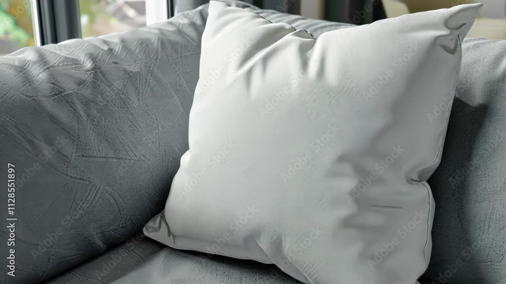 Aufkleber white pillow sits on a gray couch. the pillow is large and fluffy, and it is the only object on the 
