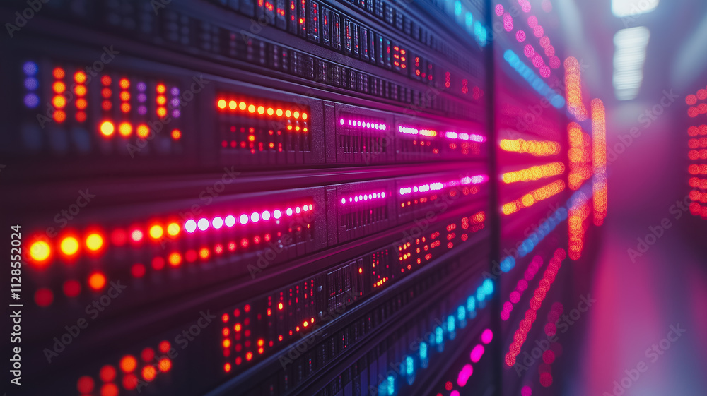 Poster a row of computer servers with bright lights on them. the lights are in different colors and are arr