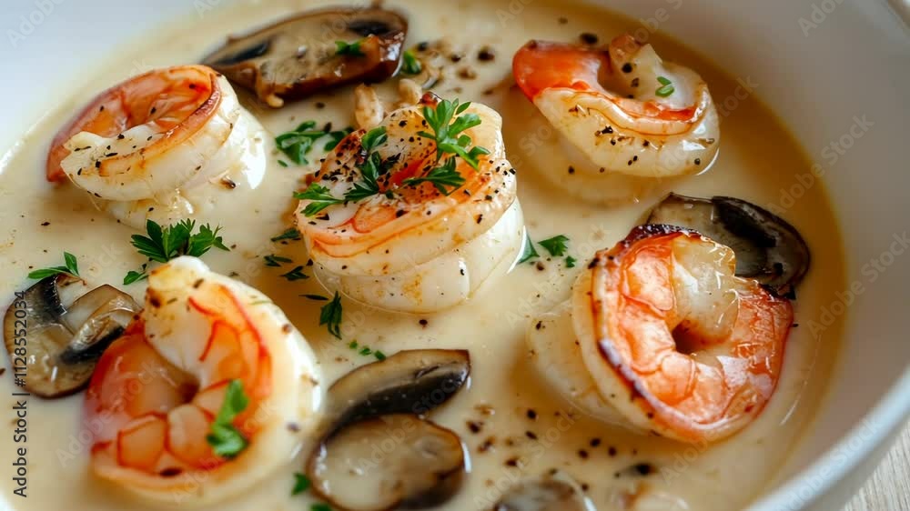 Poster Bowl of creamy soup with shrimp and mushrooms. The soup is white and has a creamy texture. The shrimp and mushrooms are scattered throughout the soup, adding a pop of color and flavor